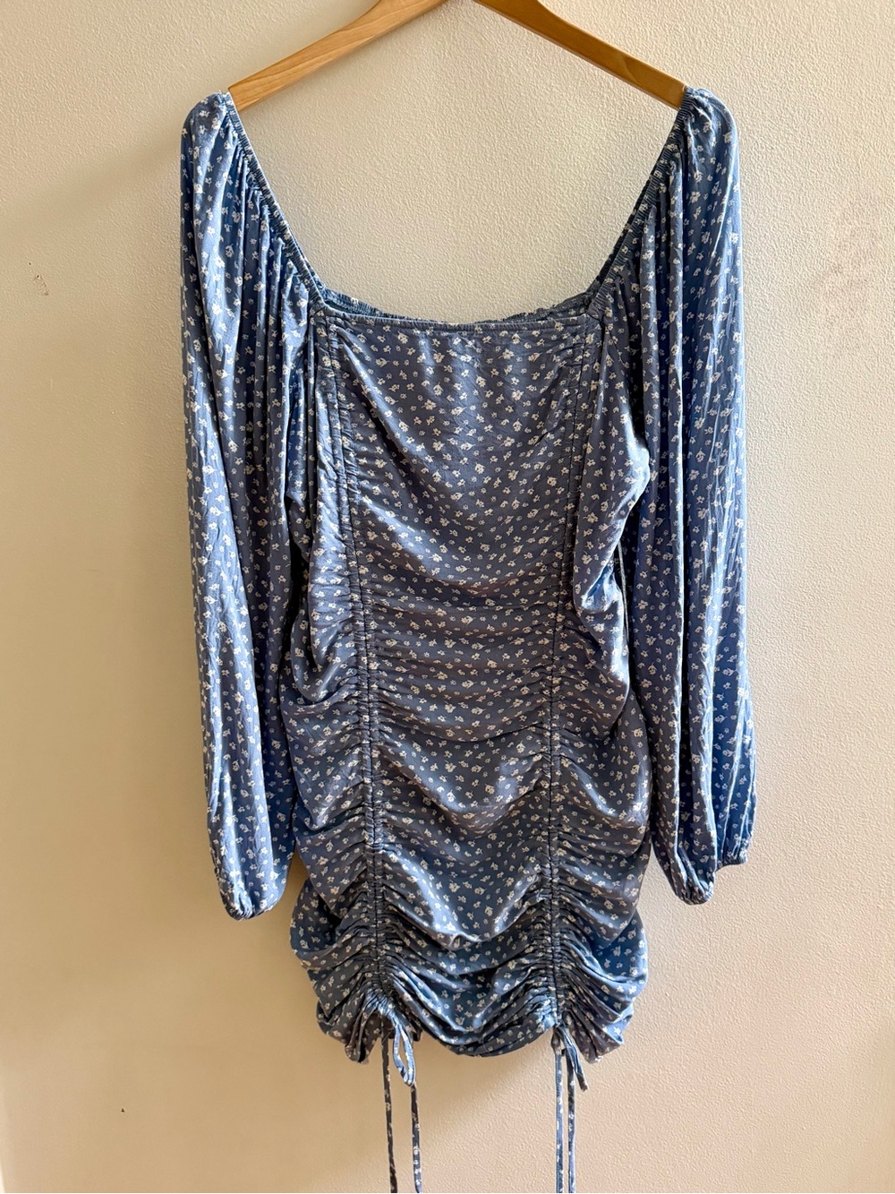 wild fable Dusty Blue Floral Ruched Square-Neck Long-Sleeve Dress